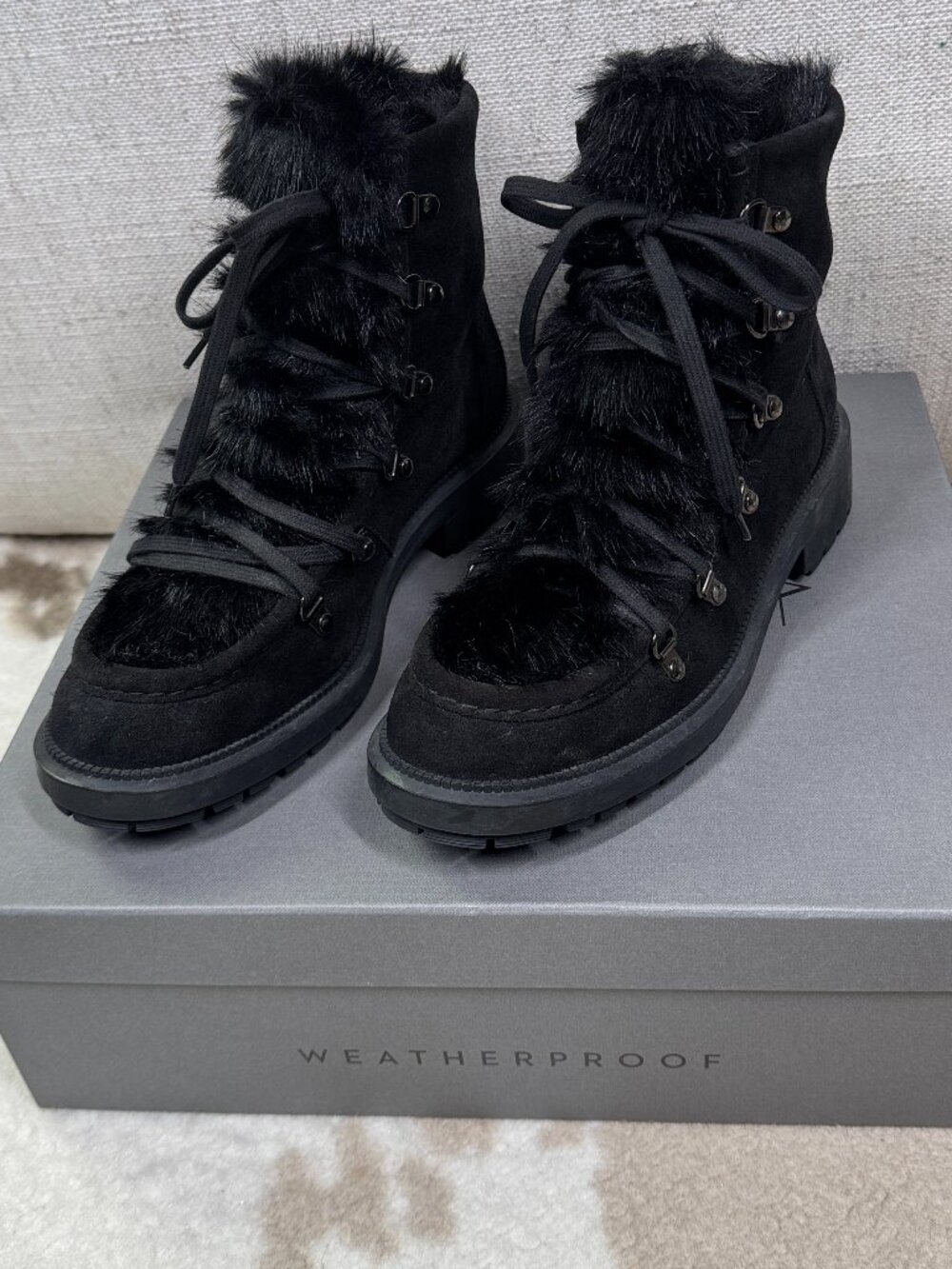 Aquatalia Lea Waterproof Black Suede Faux Fur & Shearling Combat Hiking Boots